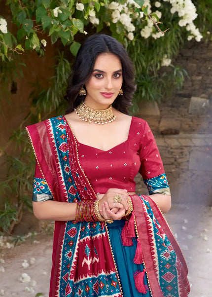 Red and Teal Embroidered Lehenga Choli