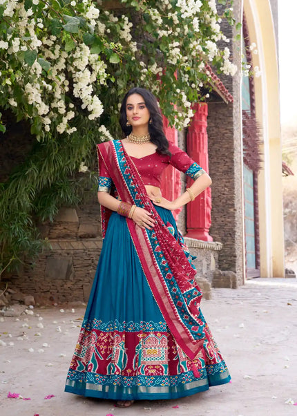 Red and Teal Embroidered Lehenga Choli