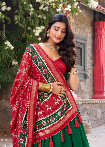 Red and Green Embroidered Lehenga Choli