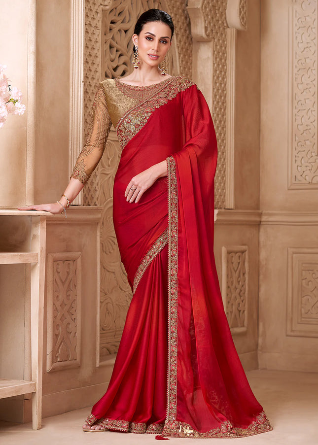 Beige and Red Embroidered Saree