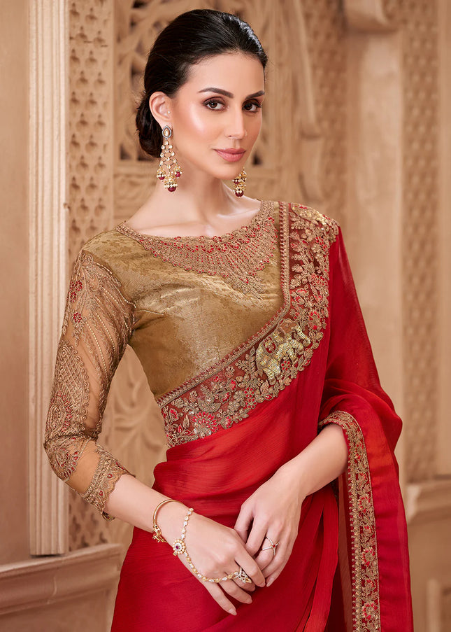 Beige and Red Embroidered Saree