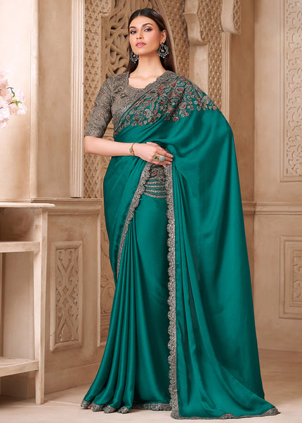 Grey and Teal Embroidered Saree