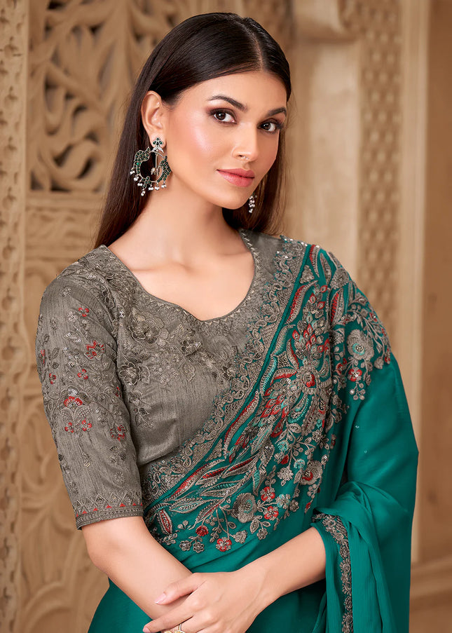 Grey and Teal Embroidered Saree