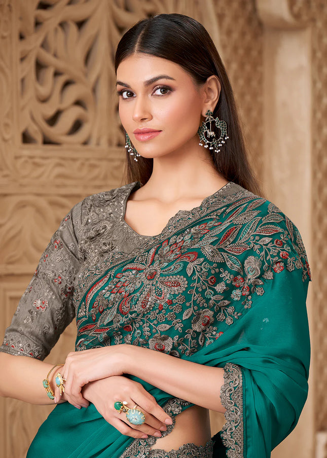 Grey and Teal Embroidered Saree