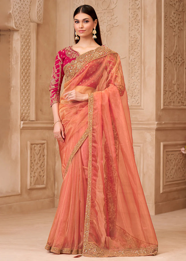 Red and Peach Embroidered Saree