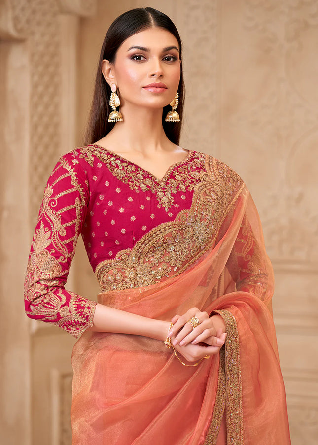Red and Peach Embroidered Saree