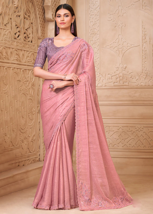 Pink and Lavender Embroidered Saree