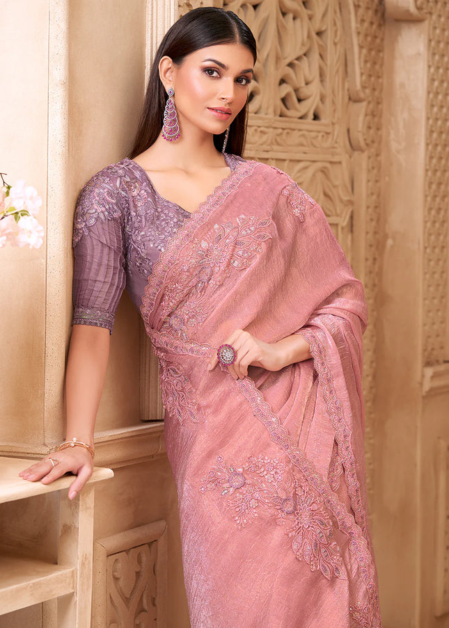 Pink and Lavender Embroidered Saree