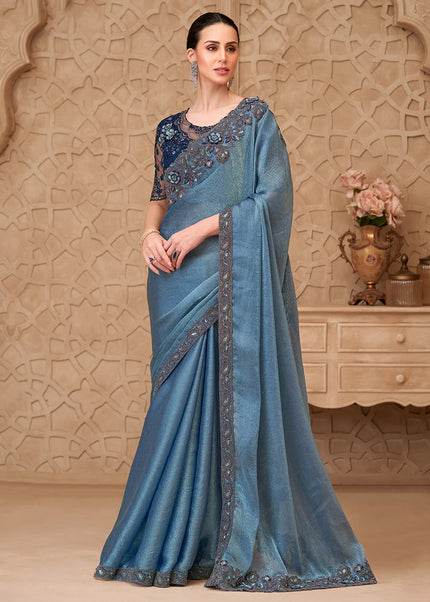 Blue and Purple Embroidered Saree