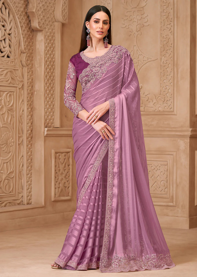 Lavender and Purple Embroidered Saree