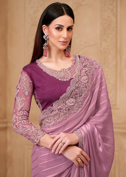 Lavender and Purple Embroidered Saree