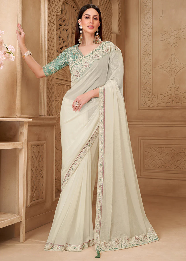 Offwhite and Teal Embroidered Saree