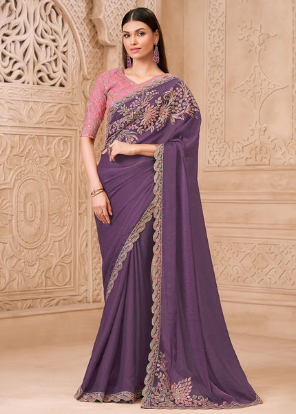 Purple and Pink Embroidered Saree