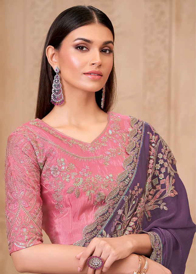 Purple and Pink Embroidered Saree