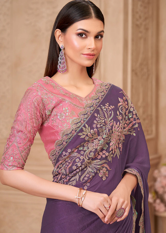 Purple and Pink Embroidered Saree