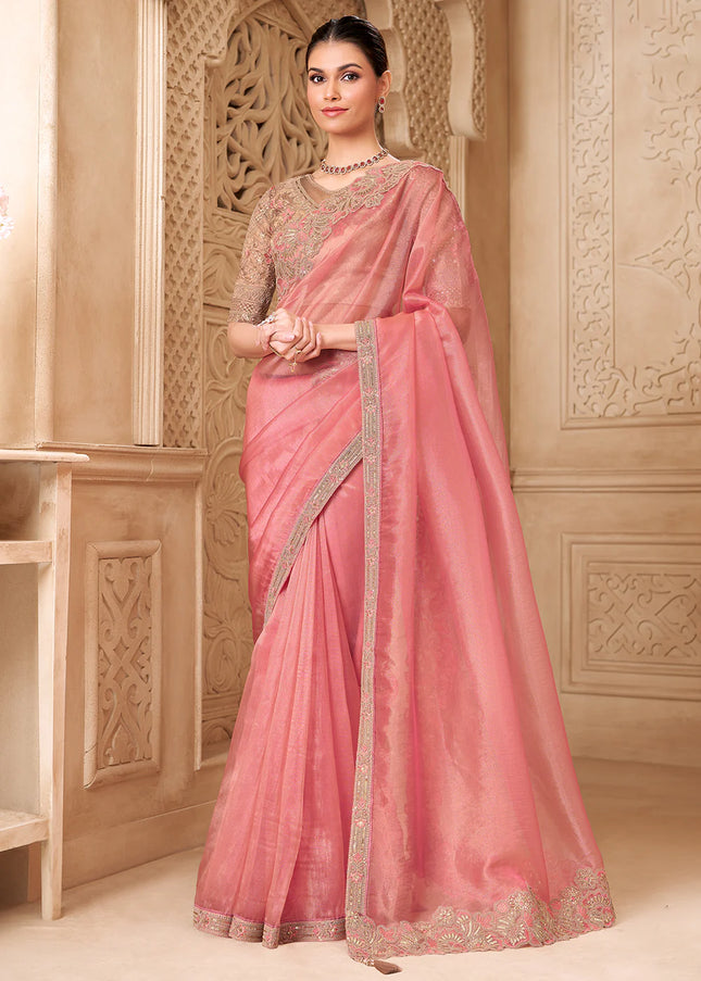 Pink and Beige Embroidered Saree