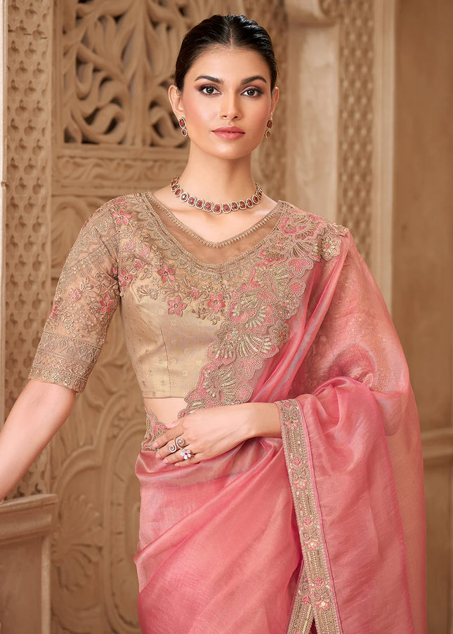 Pink and Beige Embroidered Saree