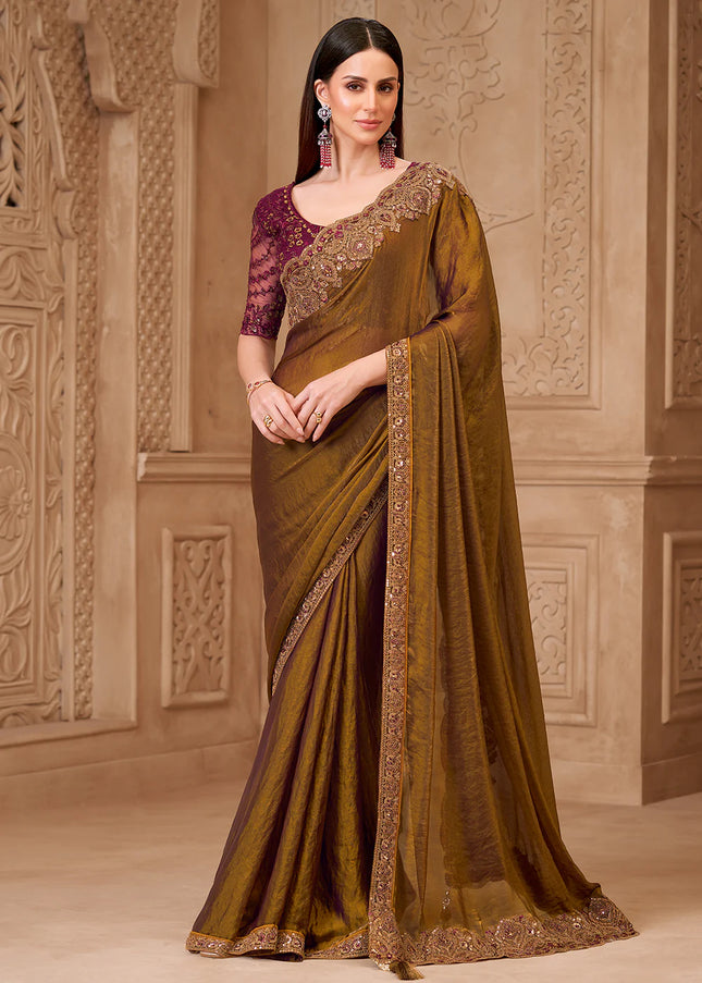 Pink and Green Embroidered Saree