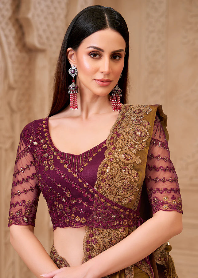 Pink and Green Embroidered Saree