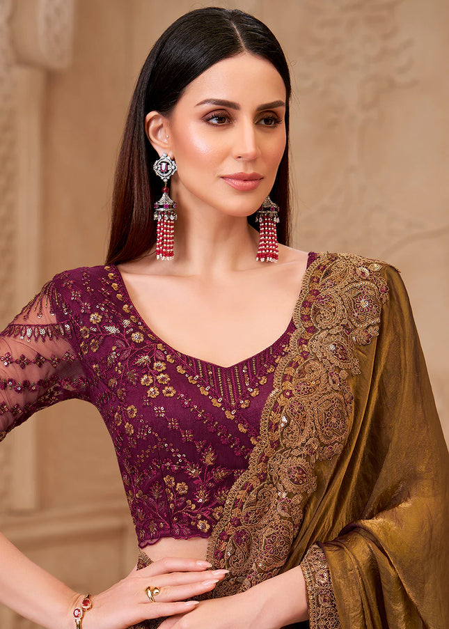 Pink and Green Embroidered Saree