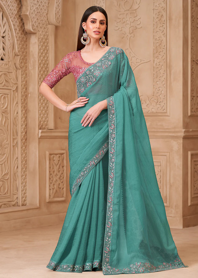 Teal and Pink Embroidered Saree