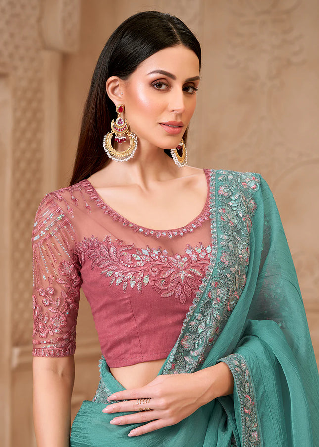 Teal and Pink Embroidered Saree