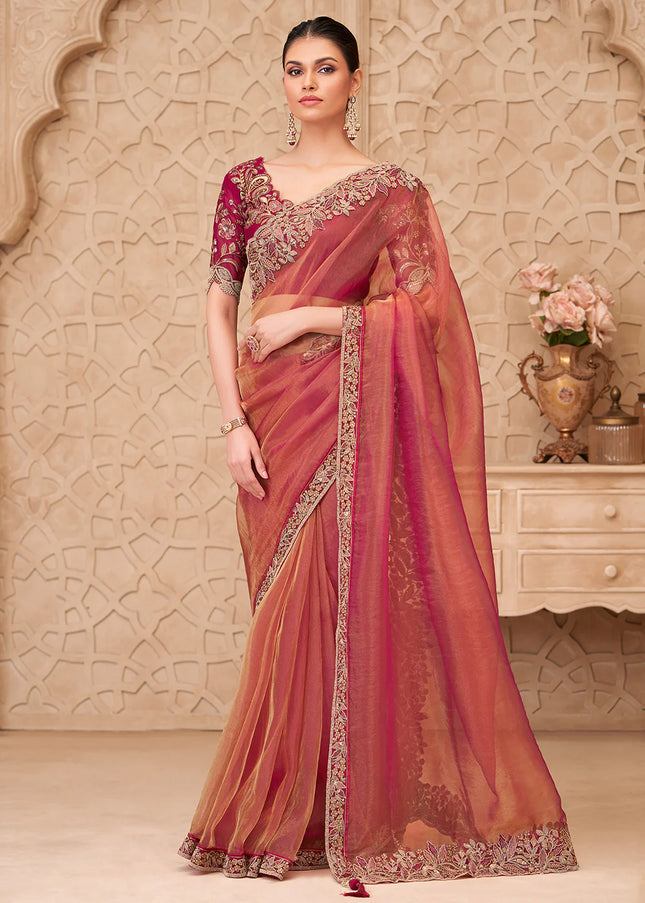 Orange and Pink Embroidered Saree