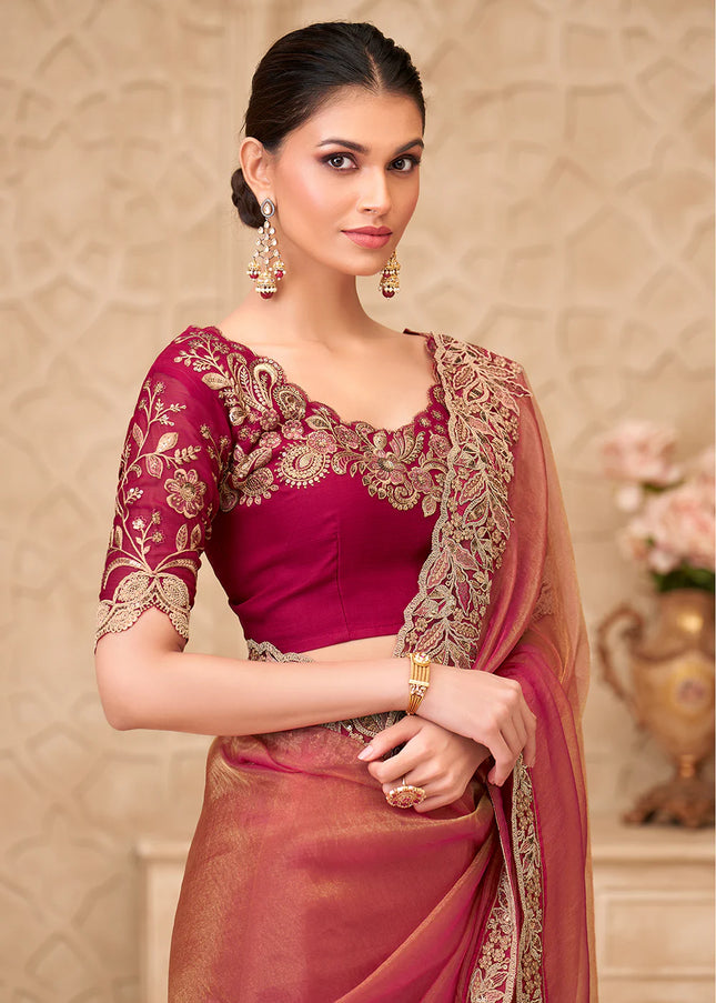 Orange and Pink Embroidered Saree