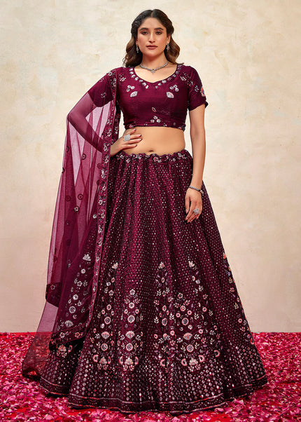 Wine Embroidered Lehenga Choli