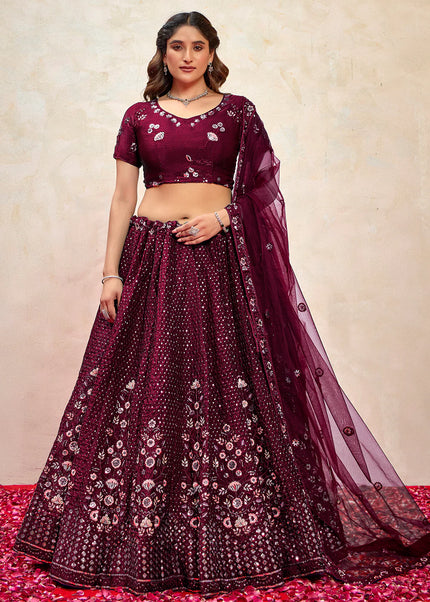 Wine Embroidered Lehenga Choli