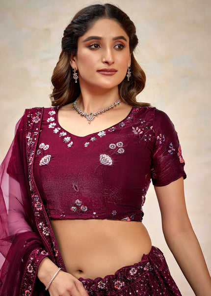 Wine Embroidered Lehenga Choli