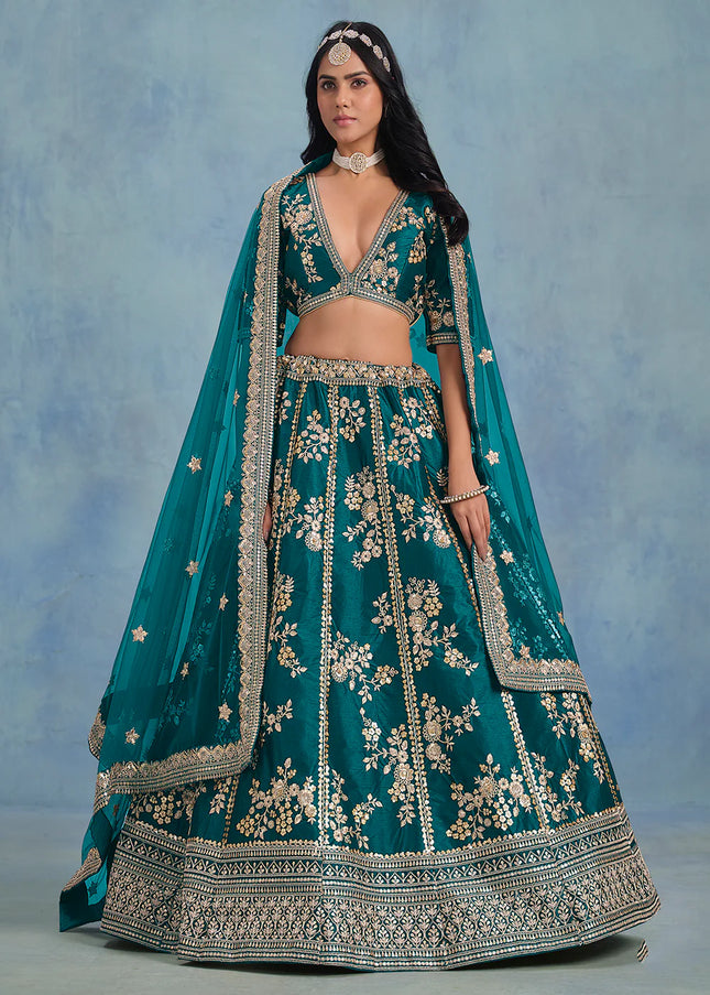 Teal Green Embroidered Lehenga Choli