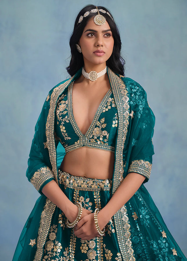 Teal Green Embroidered Lehenga Choli