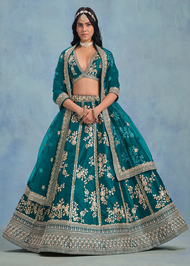 Teal Green Embroidered Lehenga Choli