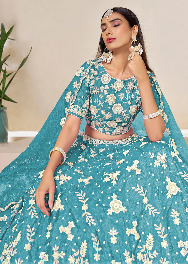 Sky Blue Embroidered Lehenga Choli