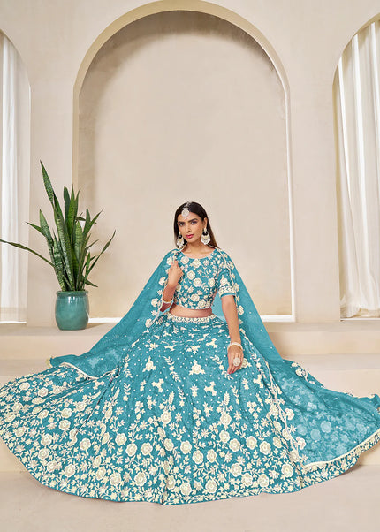 Sky Blue Embroidered Lehenga Choli