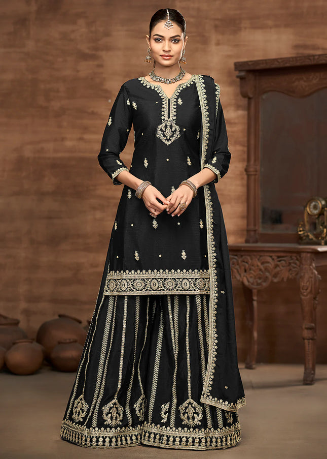 Black Embroidered Sharara Suit