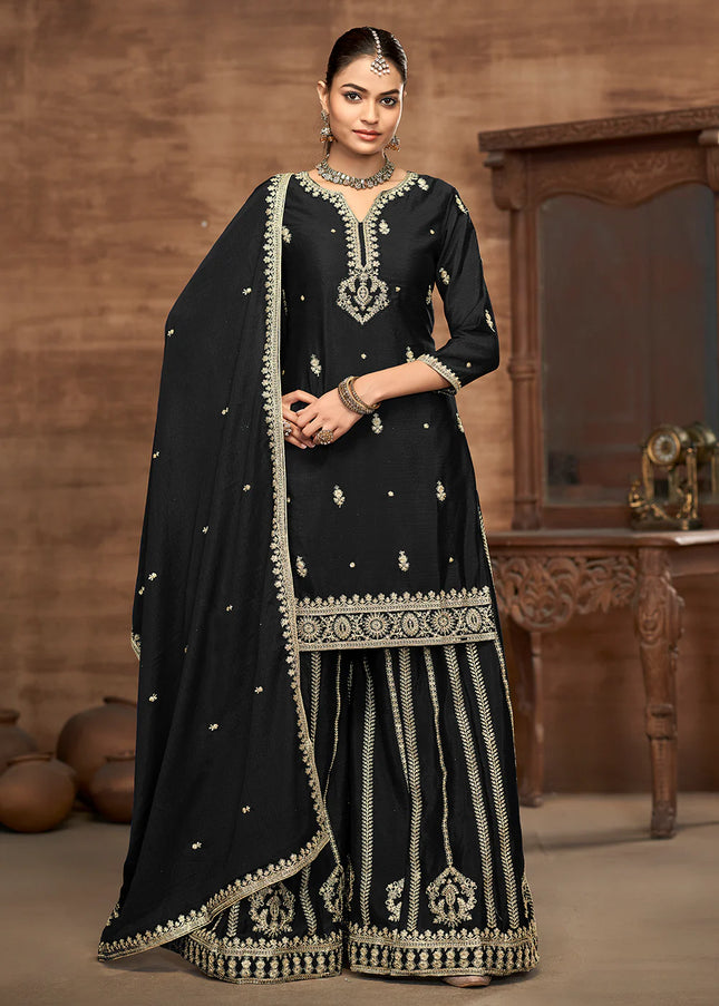 Black Embroidered Sharara Suit
