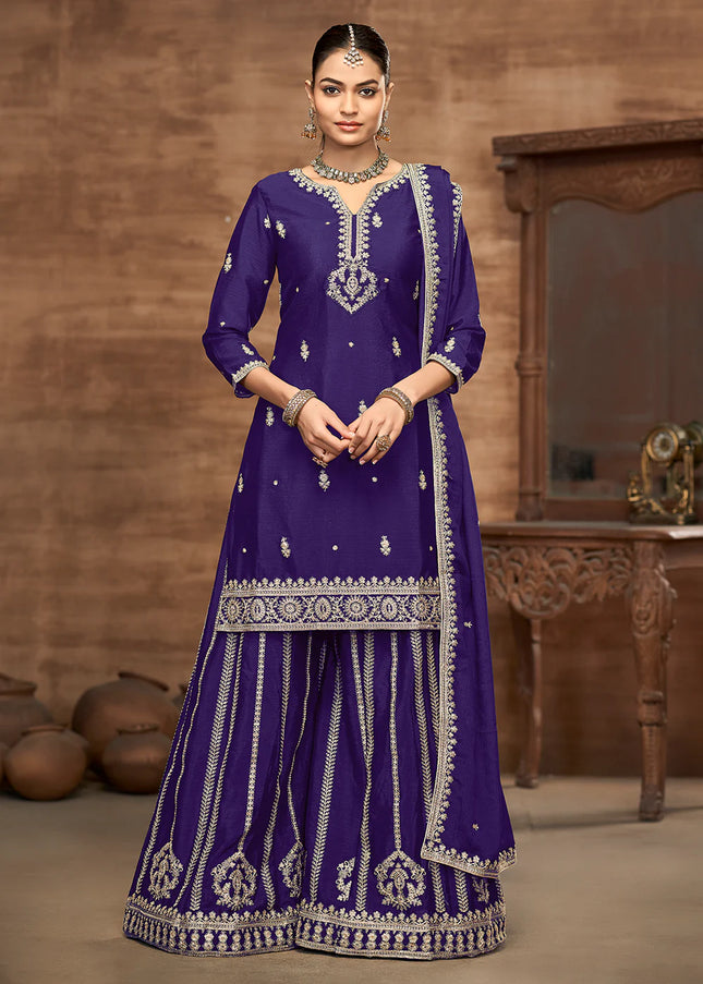 Purple Embroidered Sharara Suit