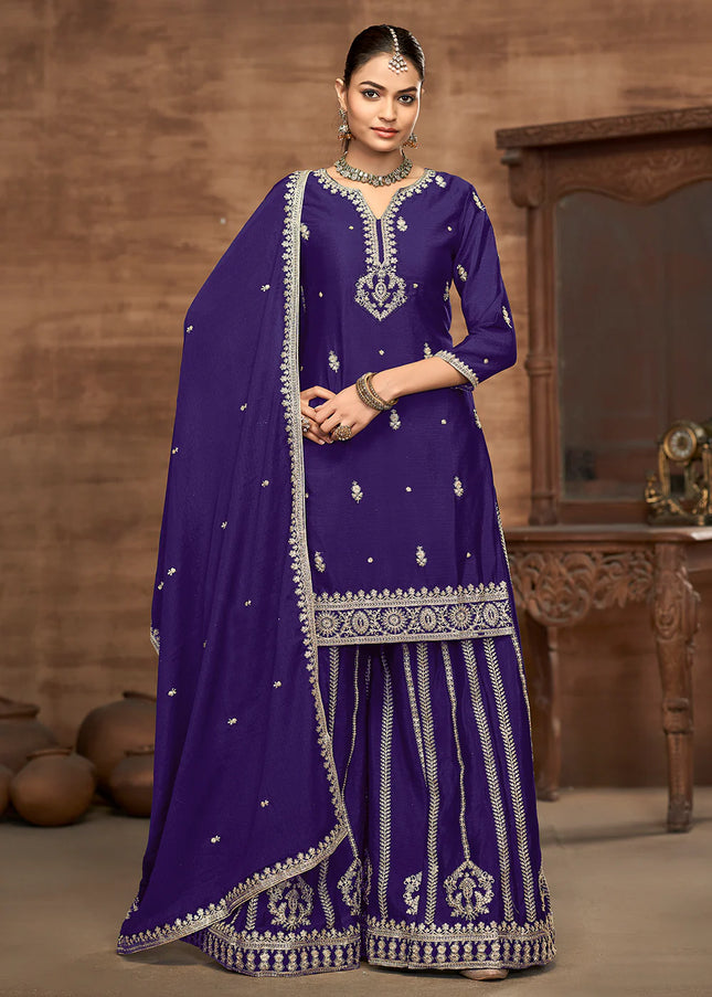 Purple Embroidered Sharara Suit