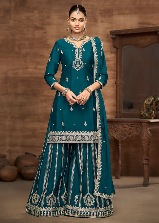 Teal Embroidered Sharara Suit