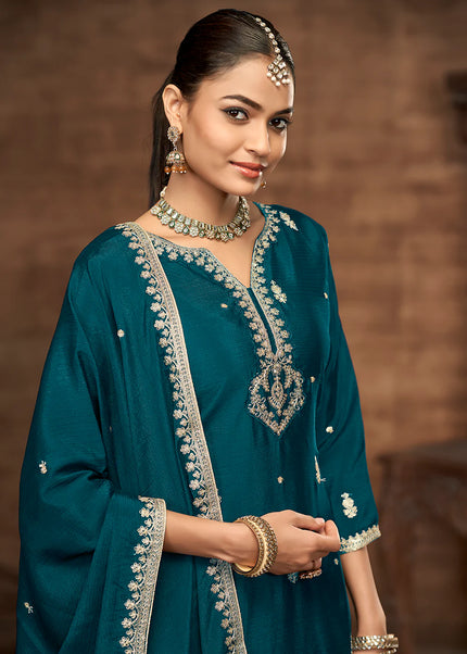 Teal Embroidered Sharara Suit
