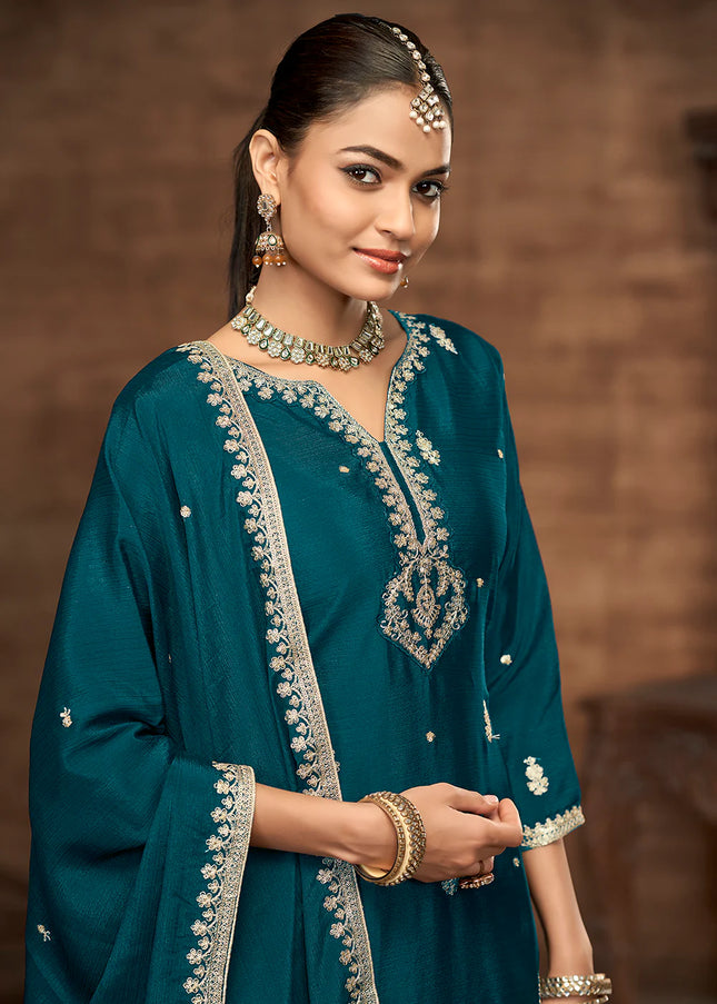 Teal Embroidered Sharara Suit