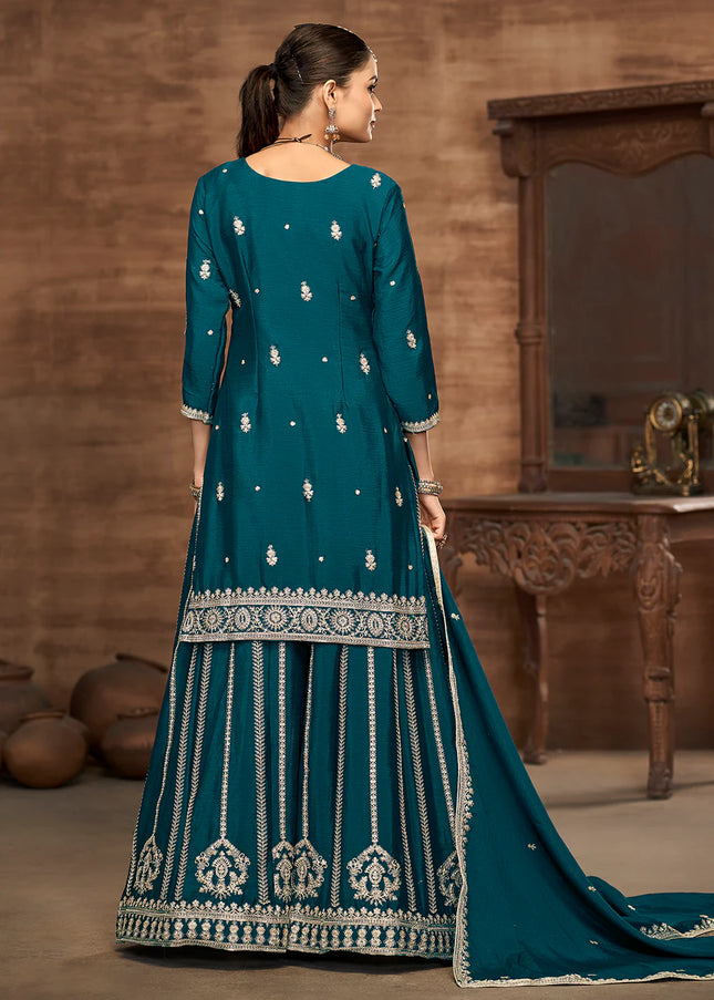 Teal Embroidered Sharara Suit