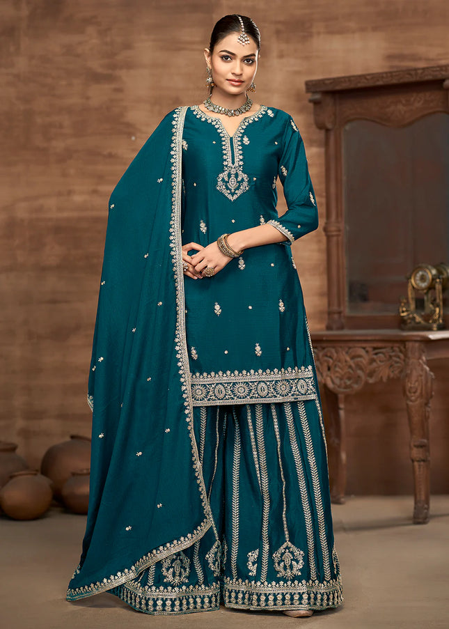 Teal Embroidered Sharara Suit