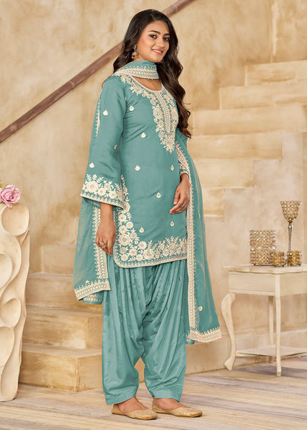 Sky Blue Embroidered Punjabi Suit