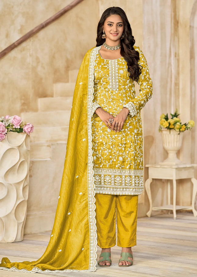 Mustard Yellow Embroidered Pant Style Suit
