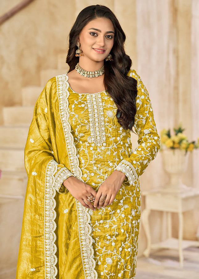 Mustard Yellow Embroidered Pant Style Suit