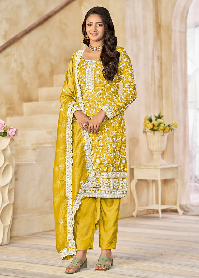 Mustard Yellow Embroidered Pant Style Suit