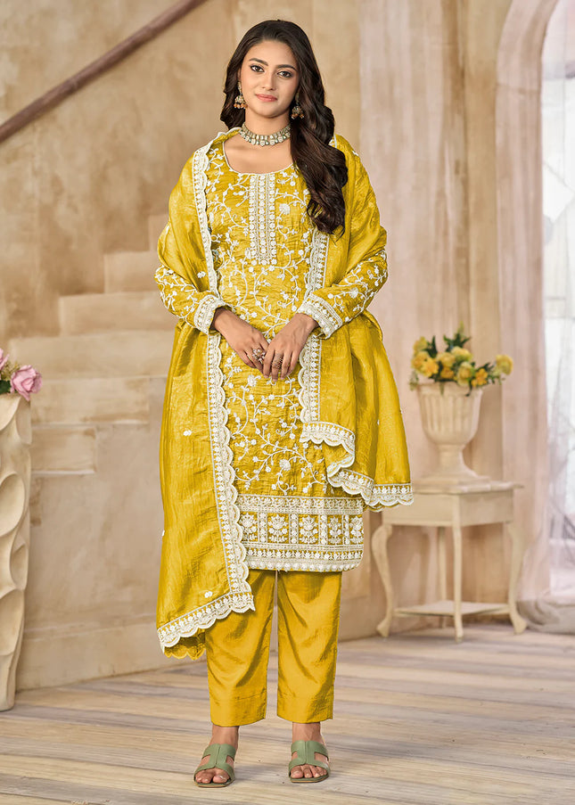 Mustard Yellow Embroidered Pant Style Suit